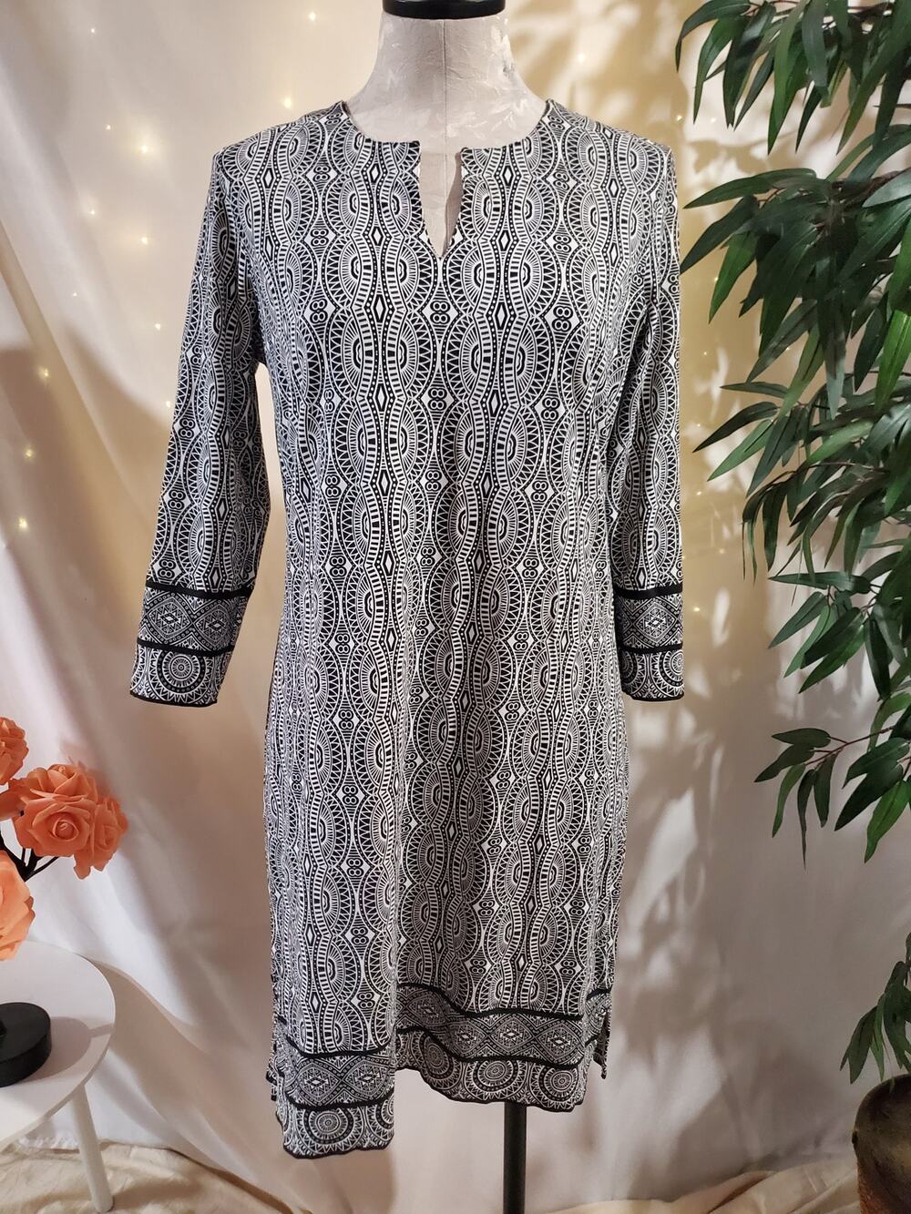 Coolibar Oceanside 3/4 Sleeve UPF 50+ Tunic Dress Size S Black White Medallion